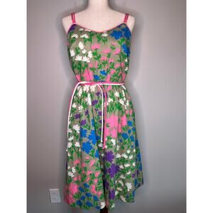 1960s Rainbow Pink Purple Blue Floral Groovy Maximalist Mod Tea Party Dress M